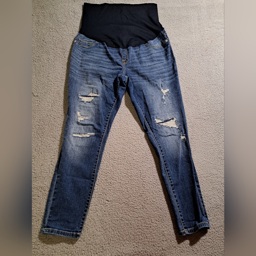 Liz Lange Women`s Blue Denim Distressed Maternity Ankle Skinny Jeans / Size Med
